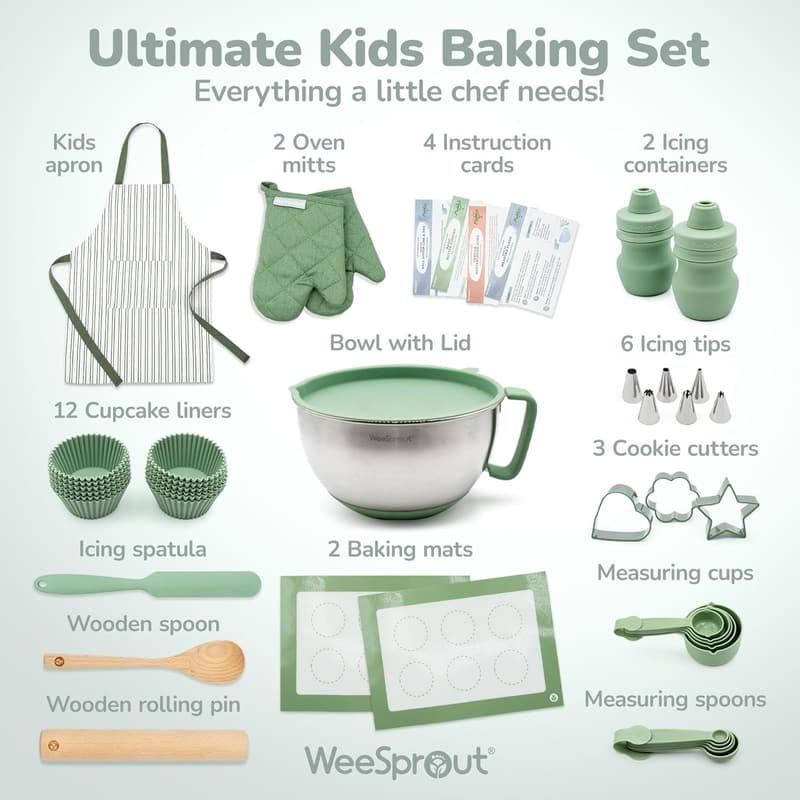 Kids Baking Set - Child-Sized Utensils, Apron & Mitts