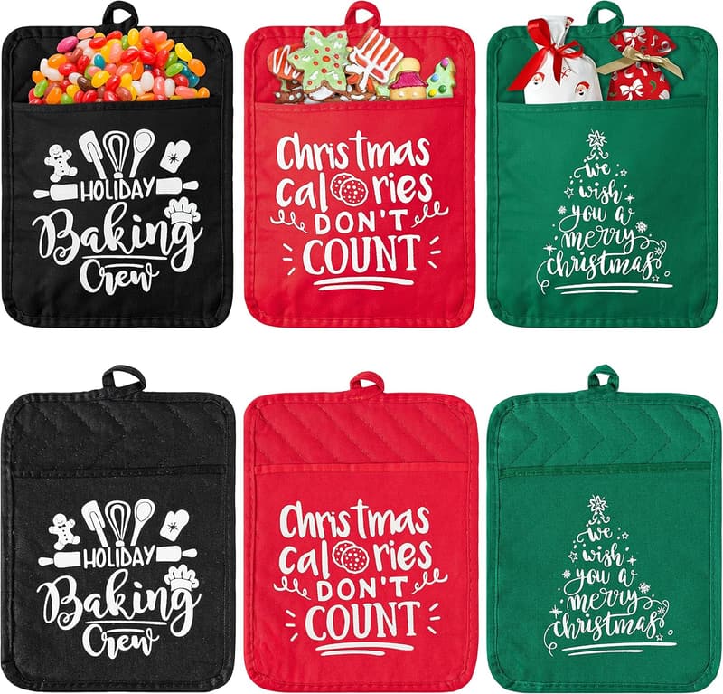 Christmas Cotton Pot Holder Gift Set with Pockets, 6 Pcs