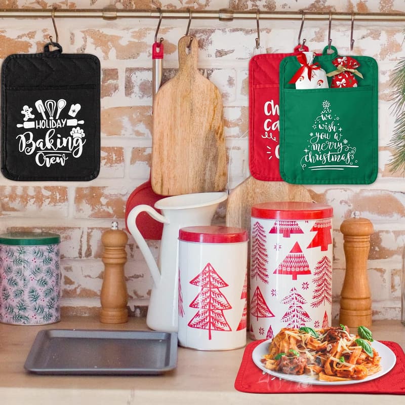 Christmas Cotton Pot Holder Gift Set with Pockets, 6 Pcs