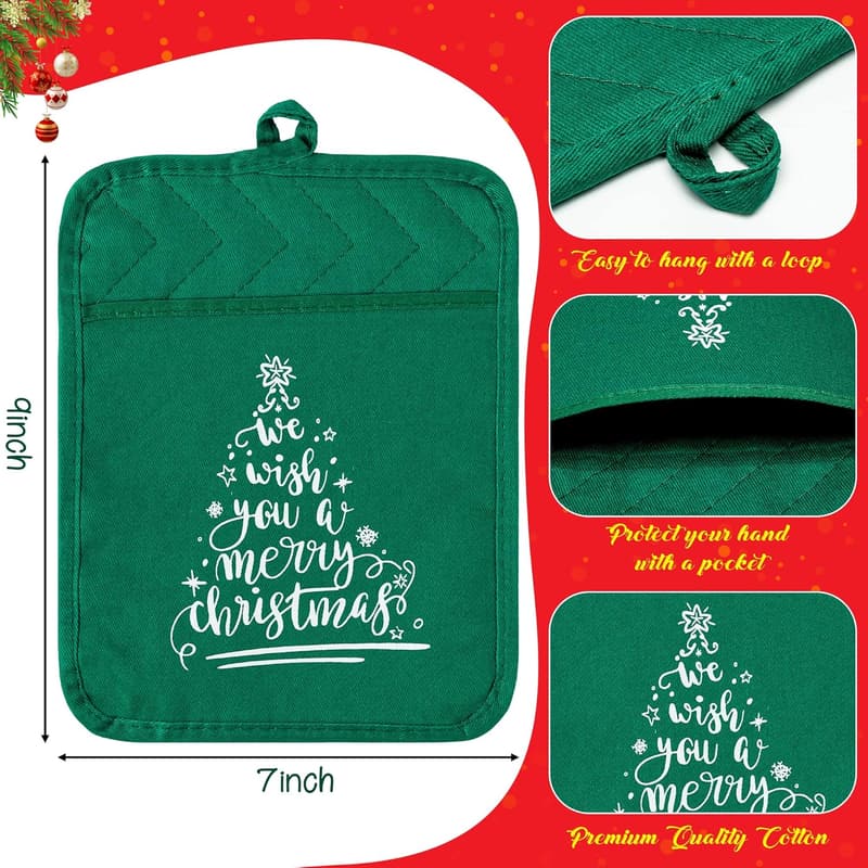 Christmas Cotton Pot Holder Gift Set with Pockets, 6 Pcs