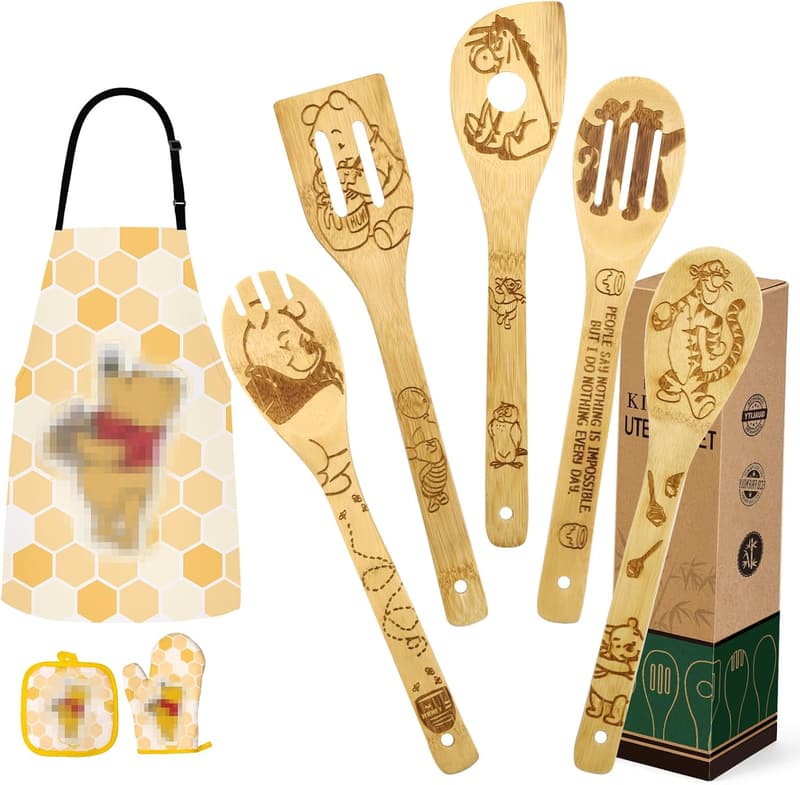 Cute Bear Wooden Cooking Spoons Set with Apron & Mitt for Mom