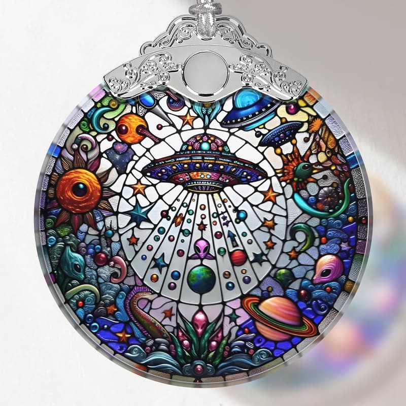 UFO Alien Stained Glass Ornament for Christmas Tree Decor