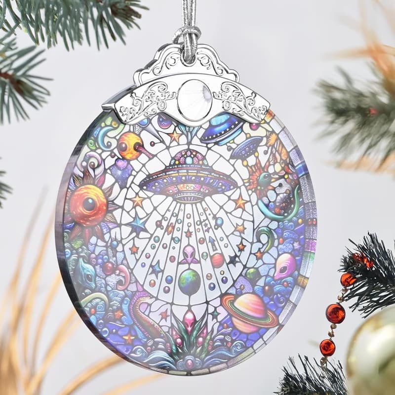 UFO Alien Stained Glass Ornament for Christmas Tree Decor