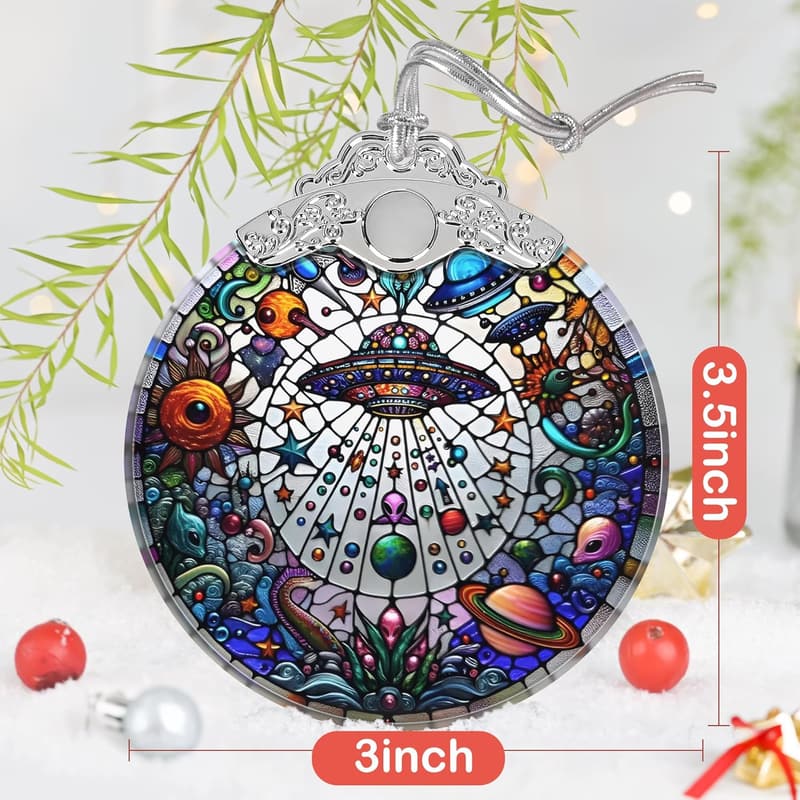 UFO Alien Stained Glass Ornament for Christmas Tree Decor