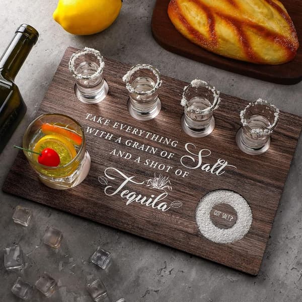Tequila Shot Serving Tray with Salt Rim - Wooden Bar Gift