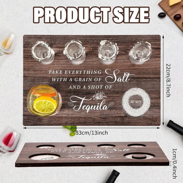 Tequila Shot Serving Tray with Salt Rim - Wooden Bar Gift