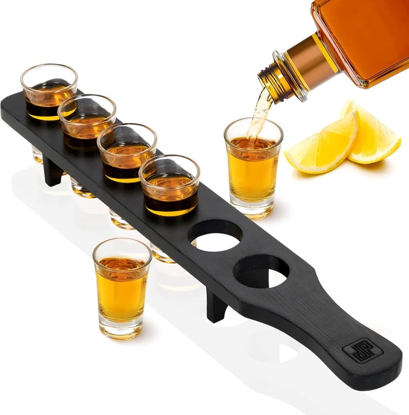 Tequila Shot Glass Set of 6 with Wooden Holder for Parties