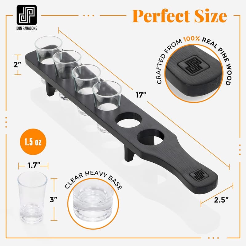 Tequila Shot Glass Set of 6 with Wooden Holder for Parties