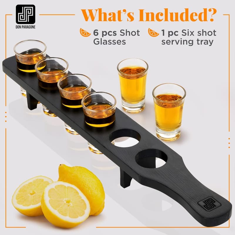 Tequila Shot Glass Set of 6 with Wooden Holder for Parties