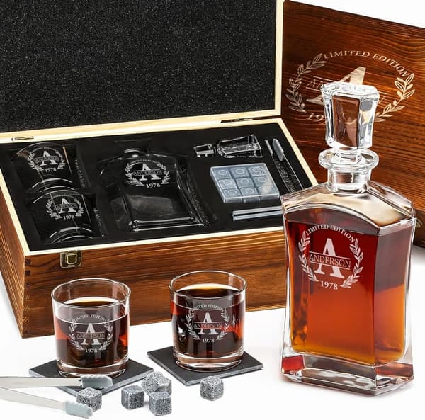 Engraved Whiskey Decanter Set for Dad - Customized Gift with Coasters & Stones