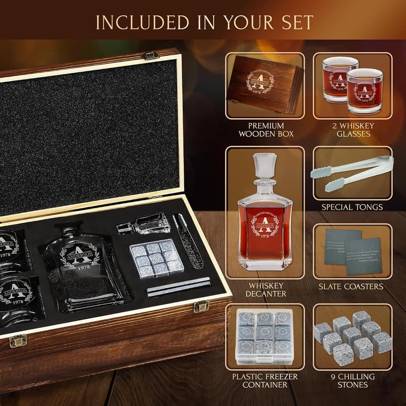 Engraved Whiskey Decanter Set for Dad - Customized Gift with Coasters & Stones