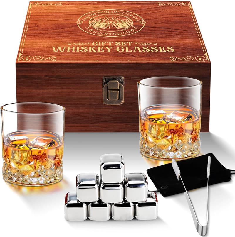 Birthday Whiskey Glasses Set with Engraved Box & Cooling Stones