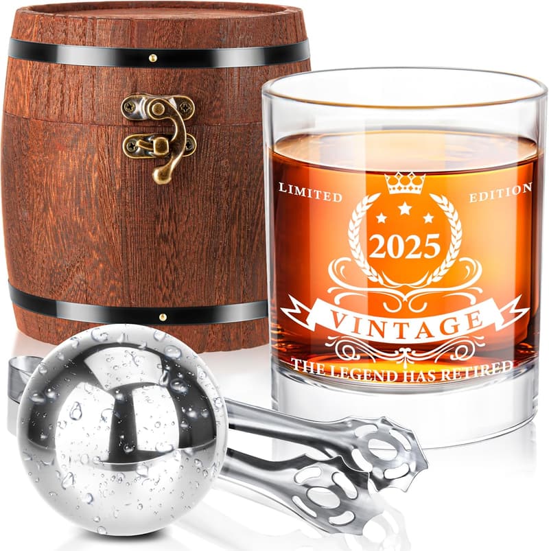 2025 Retirement Whiskey Glass Set in Barrel Box for Men