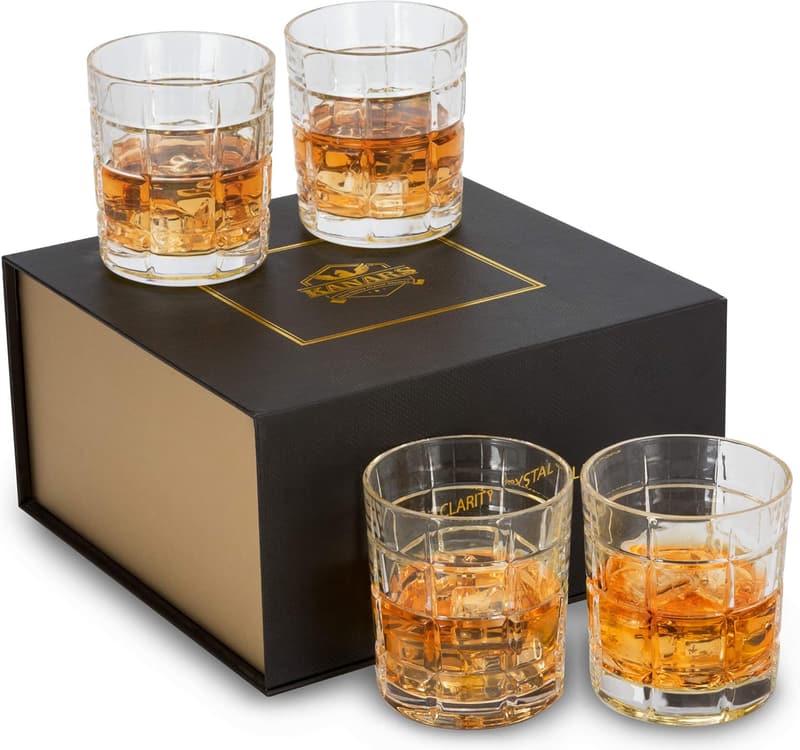 Luxury Gift Box Set of 4 Crystal Whiskey Glasses, 10 Oz
