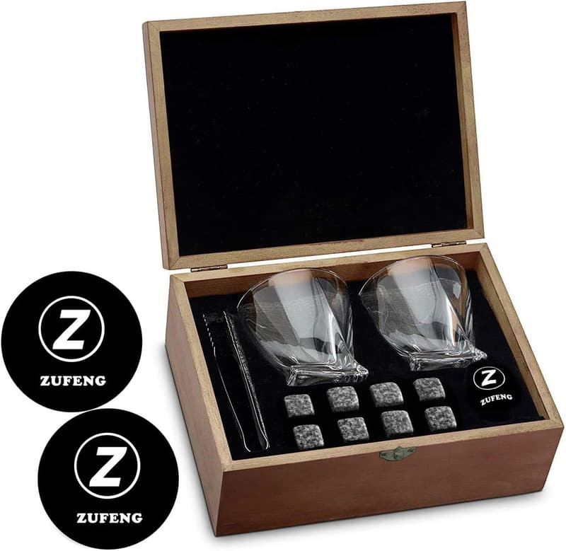 Whiskey Stones Gift Set with 2 Crystal Glasses for Dad