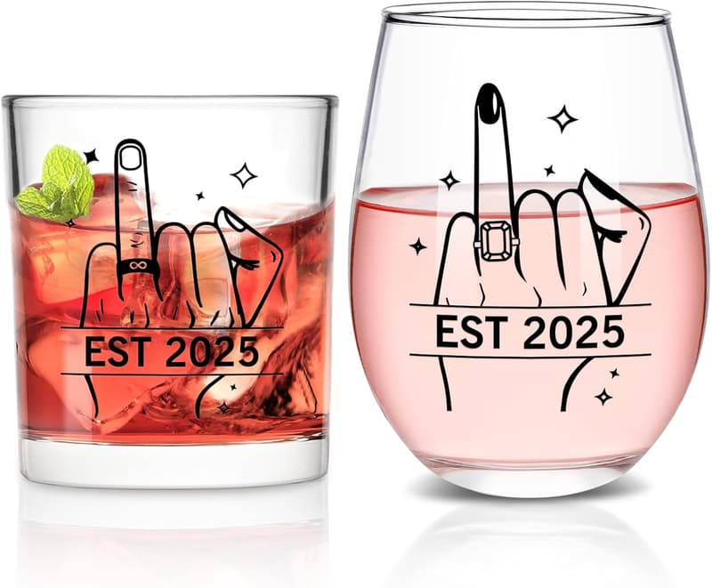 Wedding Gifts: Est 2025 Wine & Whisky Glasses Set for Couples