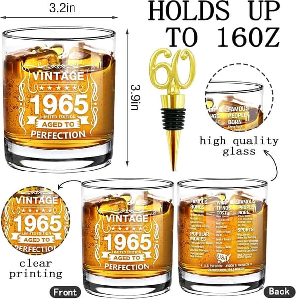 60th Birthday Vintage Old Fashioned Whiskey Glass - 10.25oz