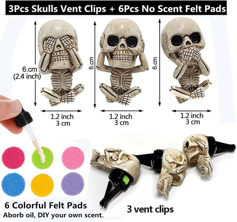 Cool Skull Car Air Fresheners with 6 Felt Pads for Halloween