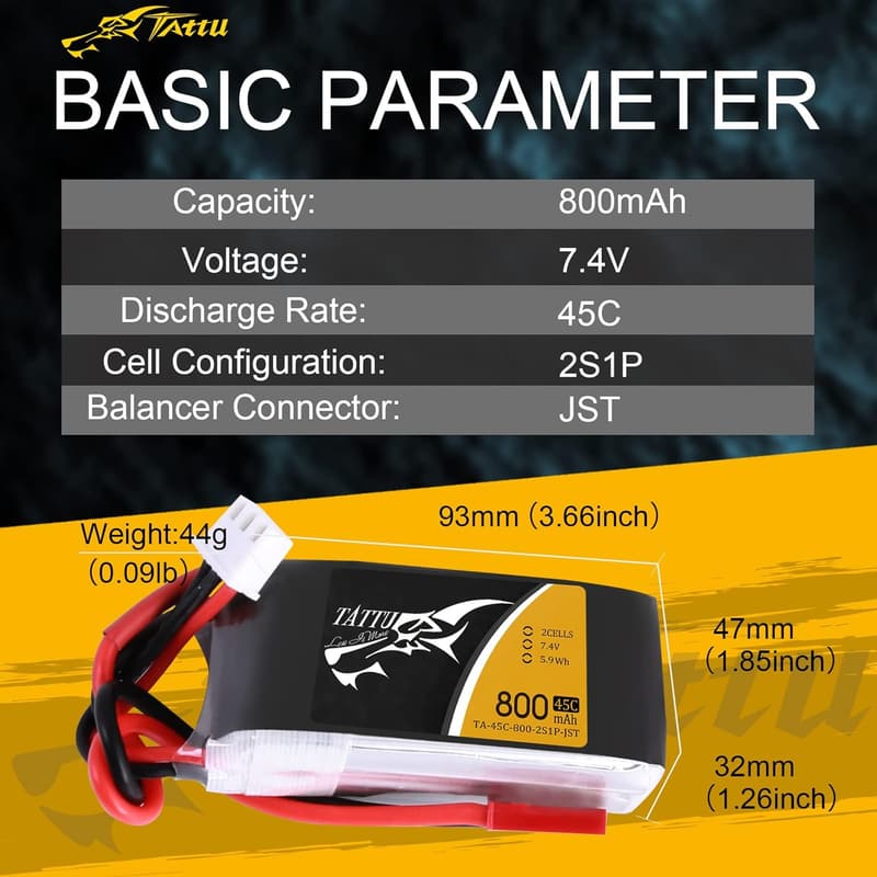 800mAh 7.4V 45C 2S1P LiPo Battery for Torrent 110 FPV
