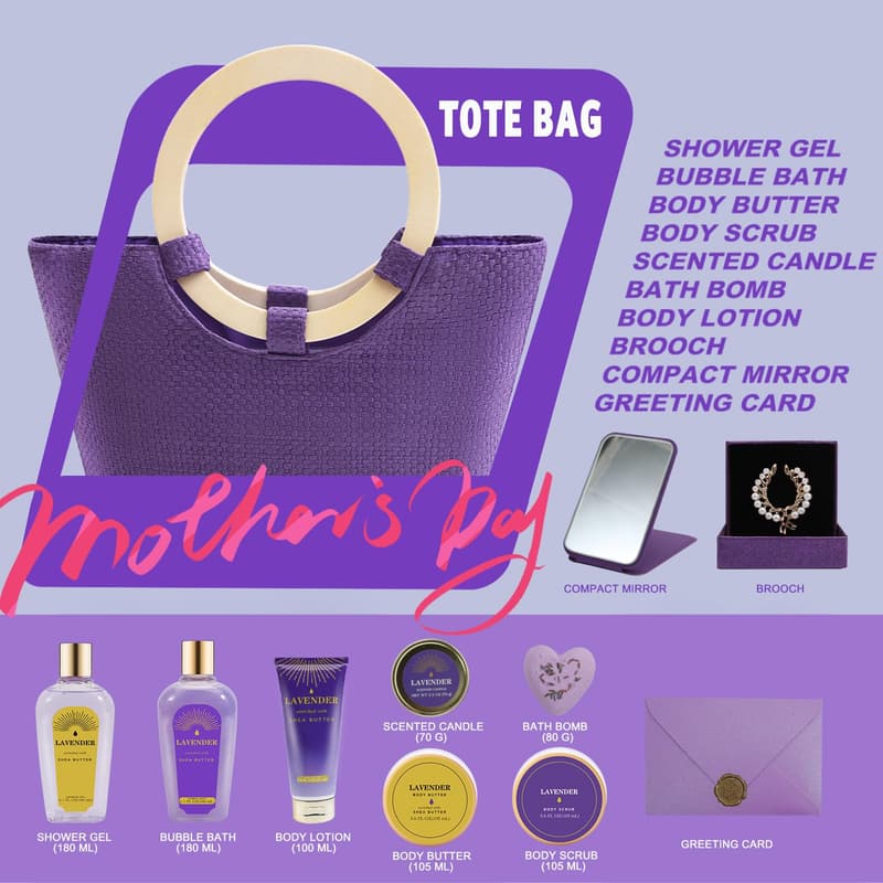 Mother's Day Spa Gift Basket for Women, 11-Piece Lavender Set