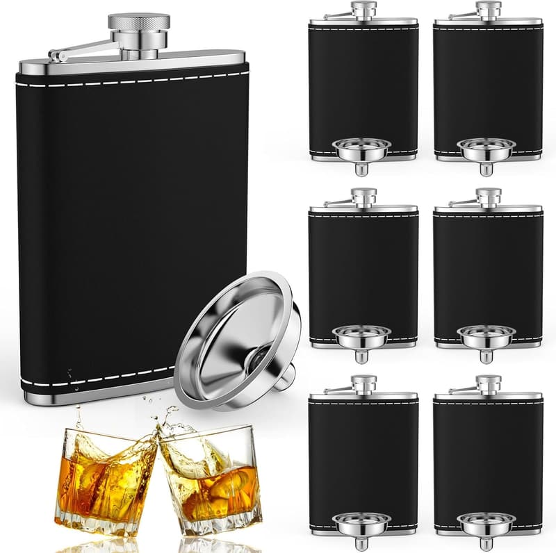 Black Stainless Steel 8 oz Leather Hip Flasks Set for Men
