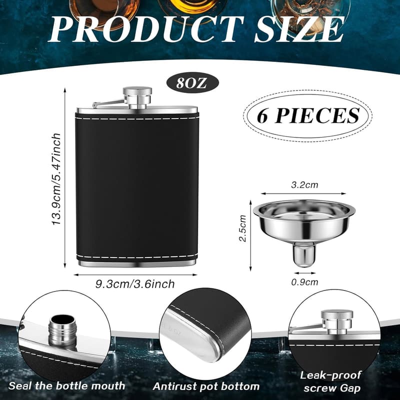 Black Stainless Steel 8 oz Leather Hip Flasks Set for Men
