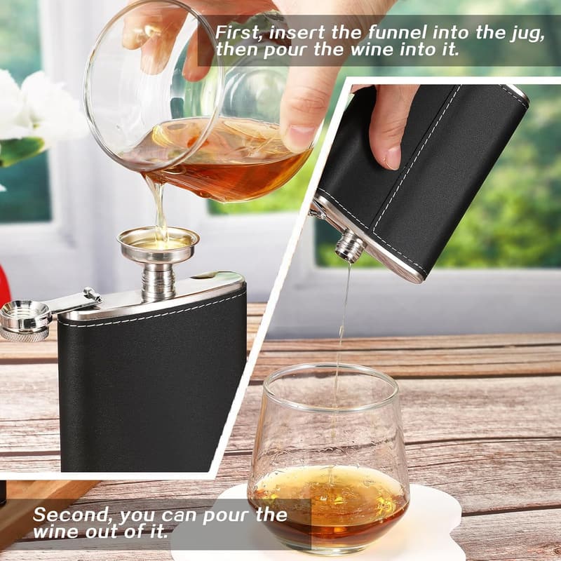 Black Stainless Steel 8 oz Leather Hip Flasks Set for Men