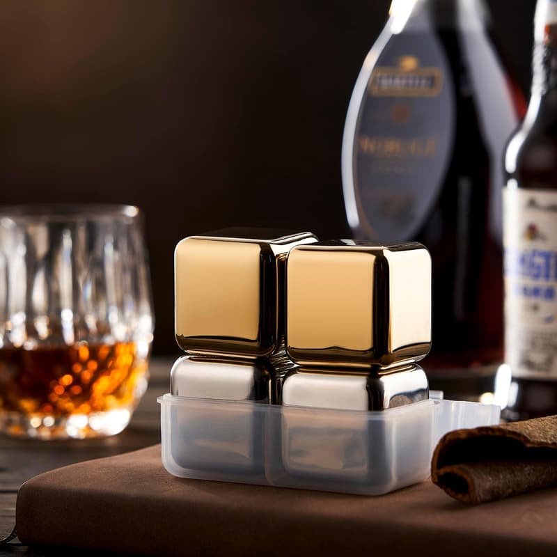 Gold Stainless Steel Whiskey Stones - Reusable Chilling Rocks Set