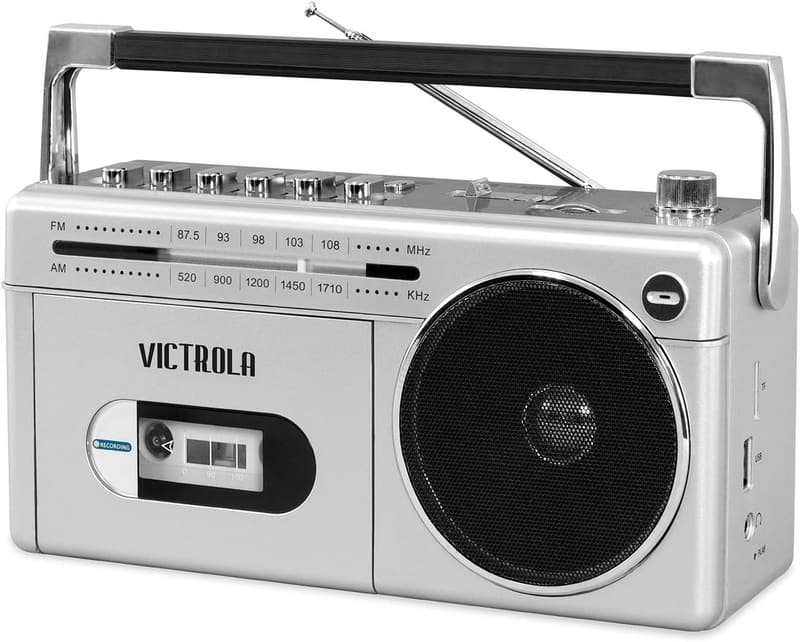 Mini Bluetooth Boombox with Cassette Player & AM/FM Radio - Silver