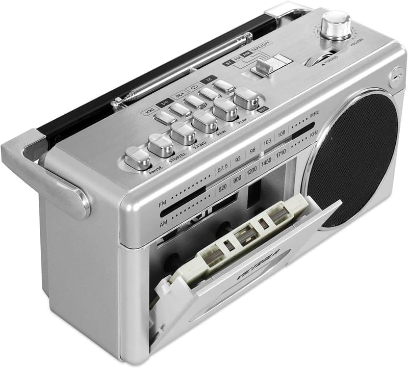 Mini Bluetooth Boombox with Cassette Player & AM/FM Radio - Silver