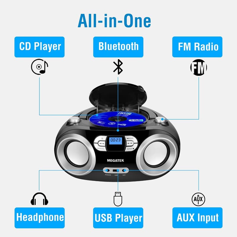 Portable CD Boombox with Bluetooth, FM Radio & USB - Black