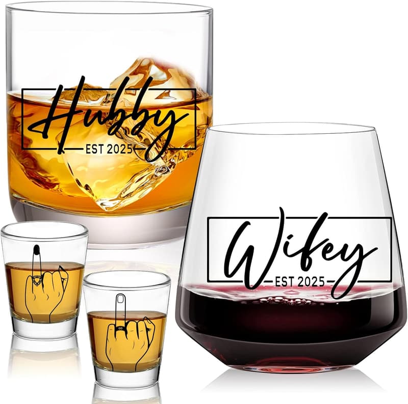 Couples' Wedding Wine & Whiskey Glass Set - 2025 Edition
