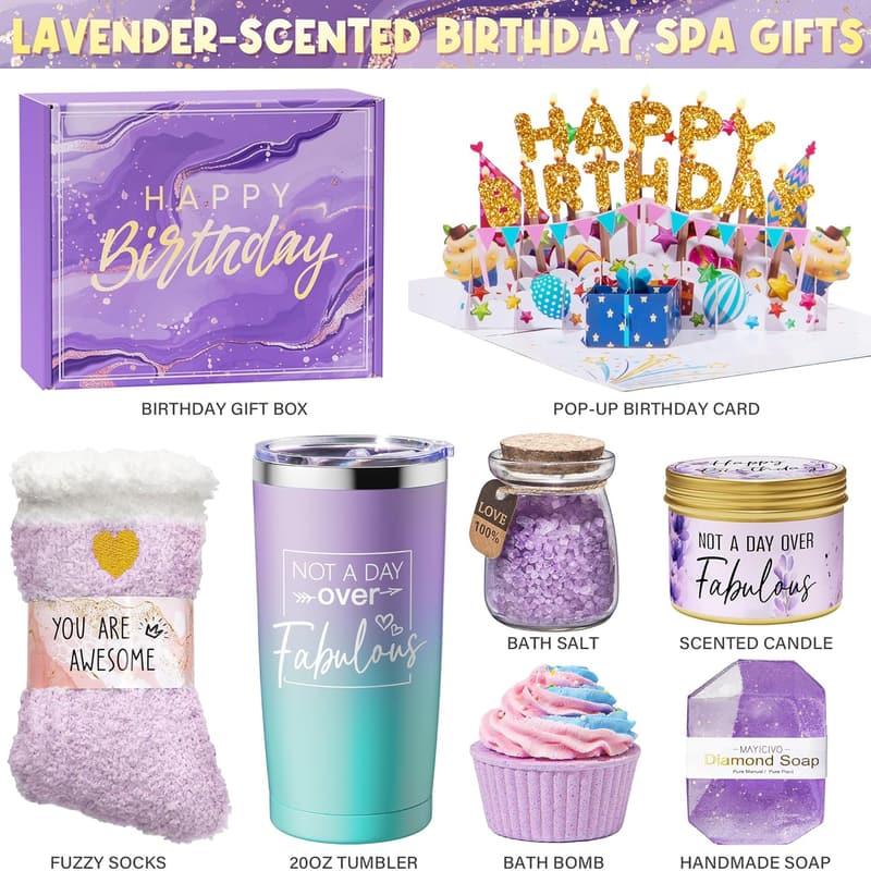 Lavender Spa Gift Basket for Women's Birthday, Self-Care Set