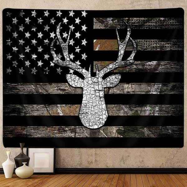 Camo Hunting Tapestry for Men - 60x40in Deer & USA Flag Decor
