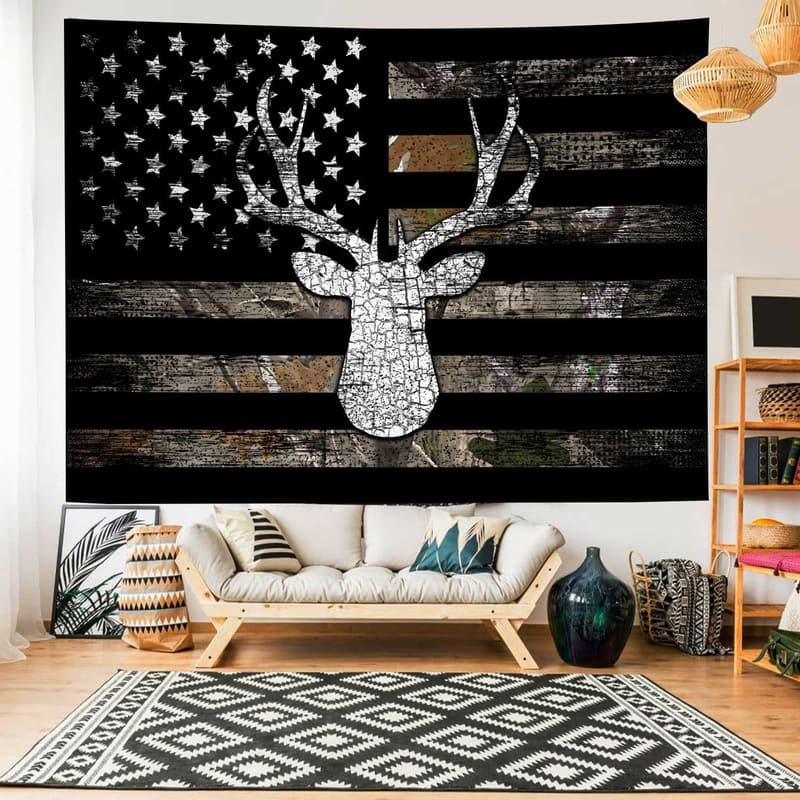 Camo Hunting Tapestry for Men - 60x40in Deer & USA Flag Decor