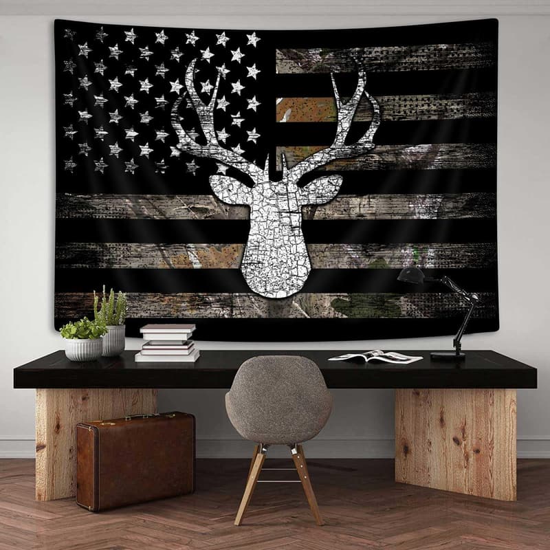 Camo Hunting Tapestry for Men - 60x40in Deer & USA Flag Decor