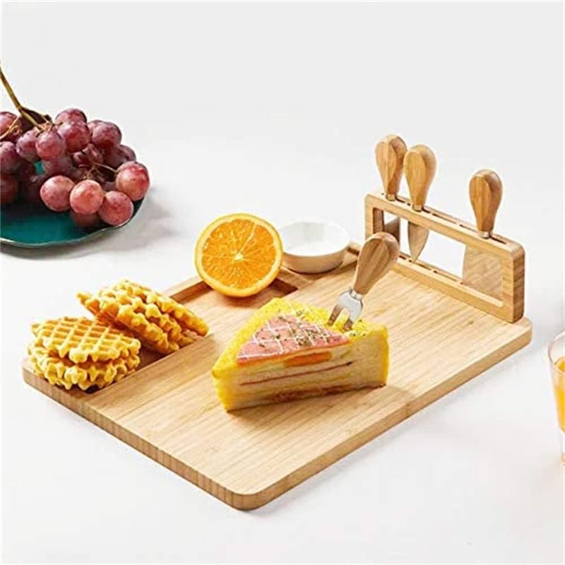 Bamboo Cheese Board Set with 4 Stainless Steel Knives
