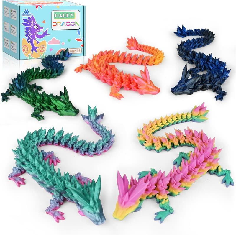 3D Printed Articulated Crystal Dragons Set - Unique Birthday Gift for Teens and Adults