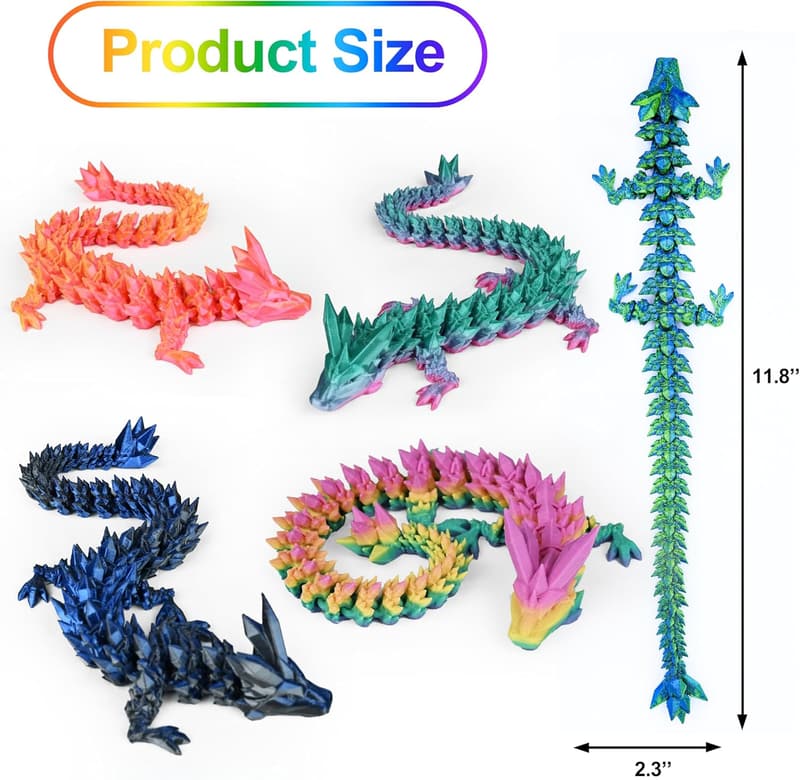 3D Printed Articulated Crystal Dragons Set - Unique Birthday Gift for Teens and Adults