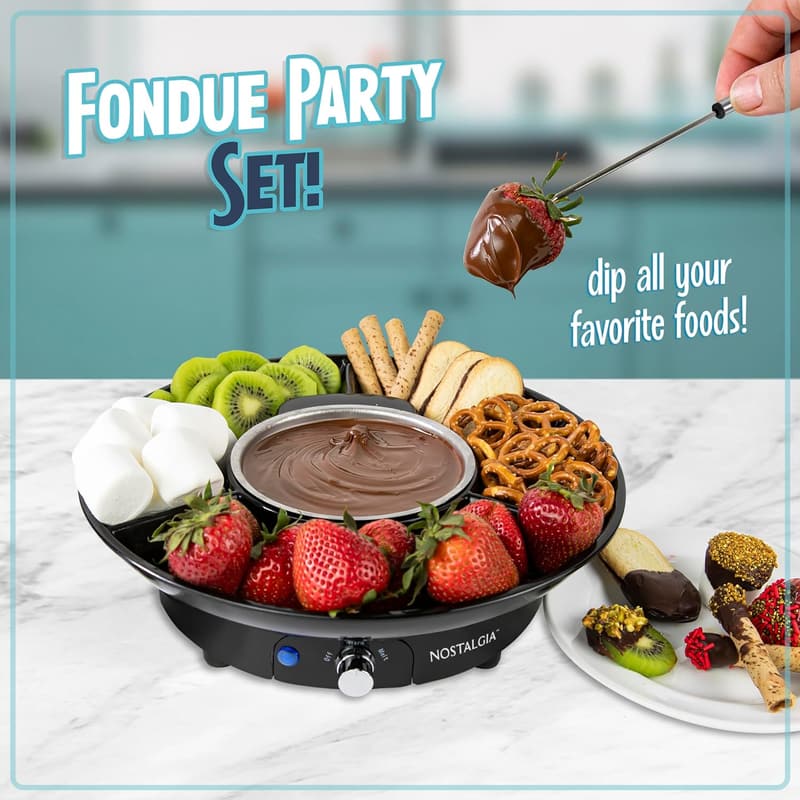 Electric Fondue Pot Set with 4 Forks & 3-Section Tray