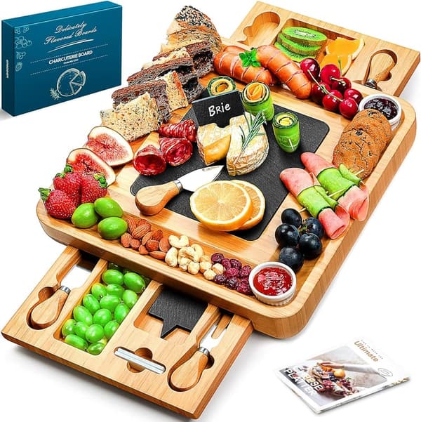 Housewarming Gift: Large Bamboo Charcuterie Board Set with Drawers