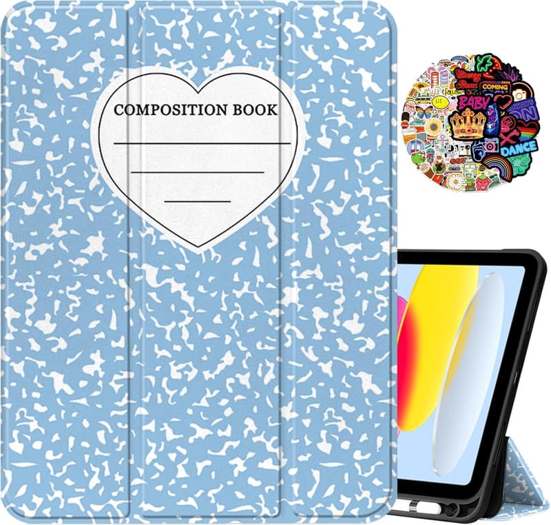 iPad 11th & 10th Gen Case with Pencil Holder - Cute Blue Heart