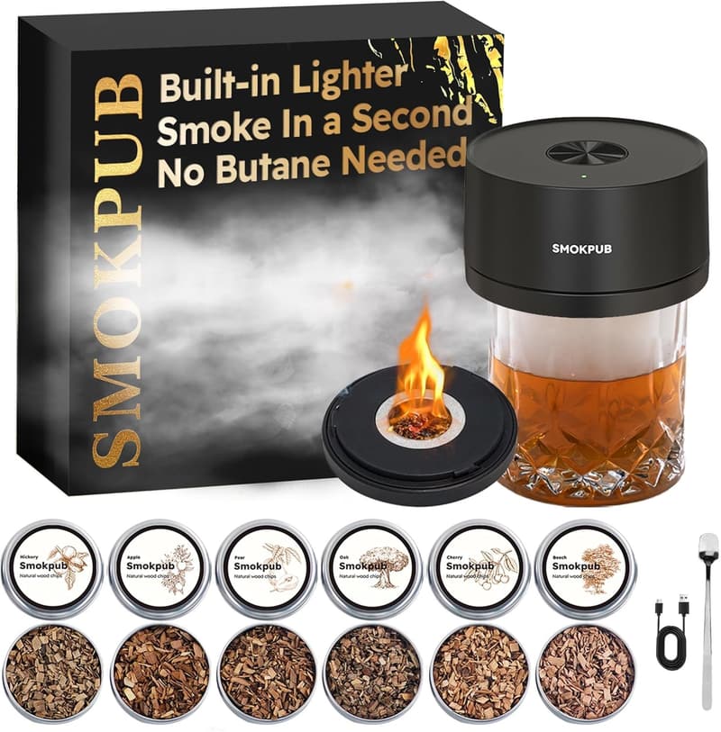Rechargeable Whiskey Smoker Kit with 6 Wood Chips for Men