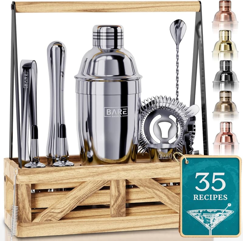 Home Bartending Mixology Set with Portable Caddy & Recipe Cards