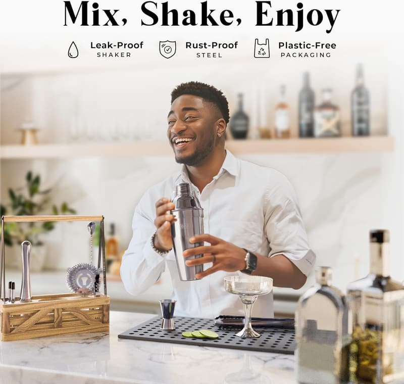Home Bartending Mixology Set with Portable Caddy & Recipe Cards