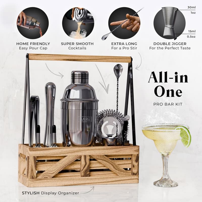 Home Bartending Mixology Set with Portable Caddy & Recipe Cards