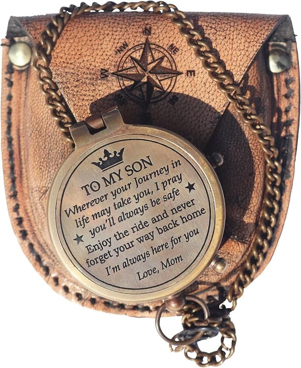 Engraved Brass Compass with Leather Case - Graduation Gift for Son