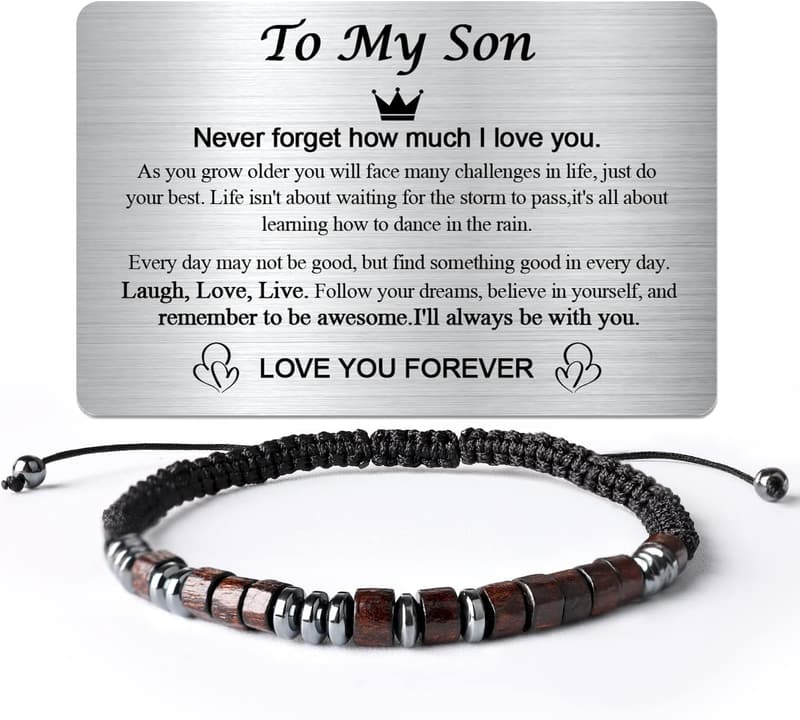 Son's Birthday Bracelet with Engraved Wallet Card from Mom