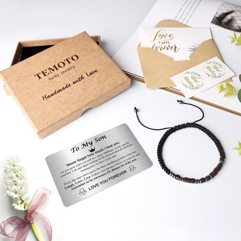 Son's Birthday Bracelet with Engraved Wallet Card from Mom