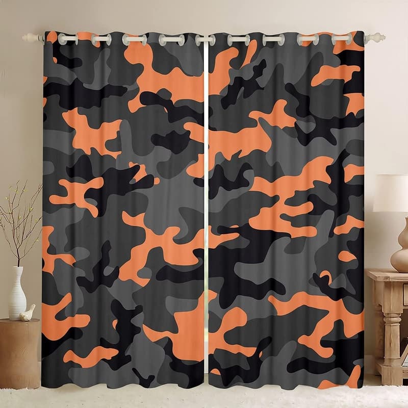 Camo Window Curtains for Kids' Rooms, Orange & Black, 38x54